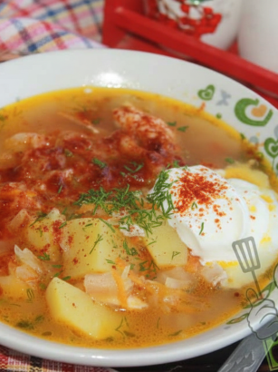 капусняк з квашеної капусти та з куркою в тарілці