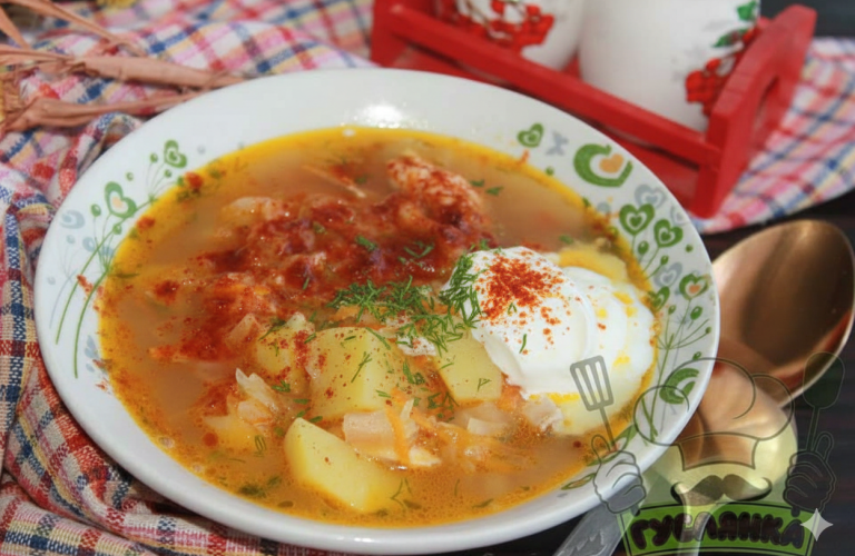 капусняк з квашеної капусти та з куркою в тарілці